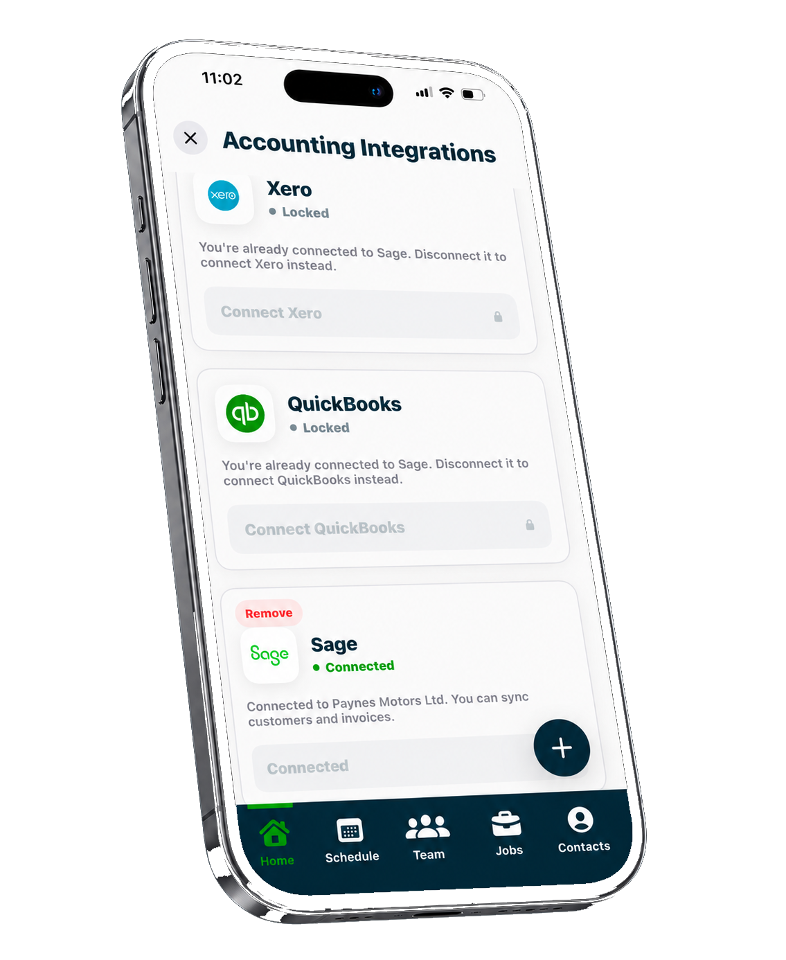 Tenner accounting integrations screen shown on an iPhone