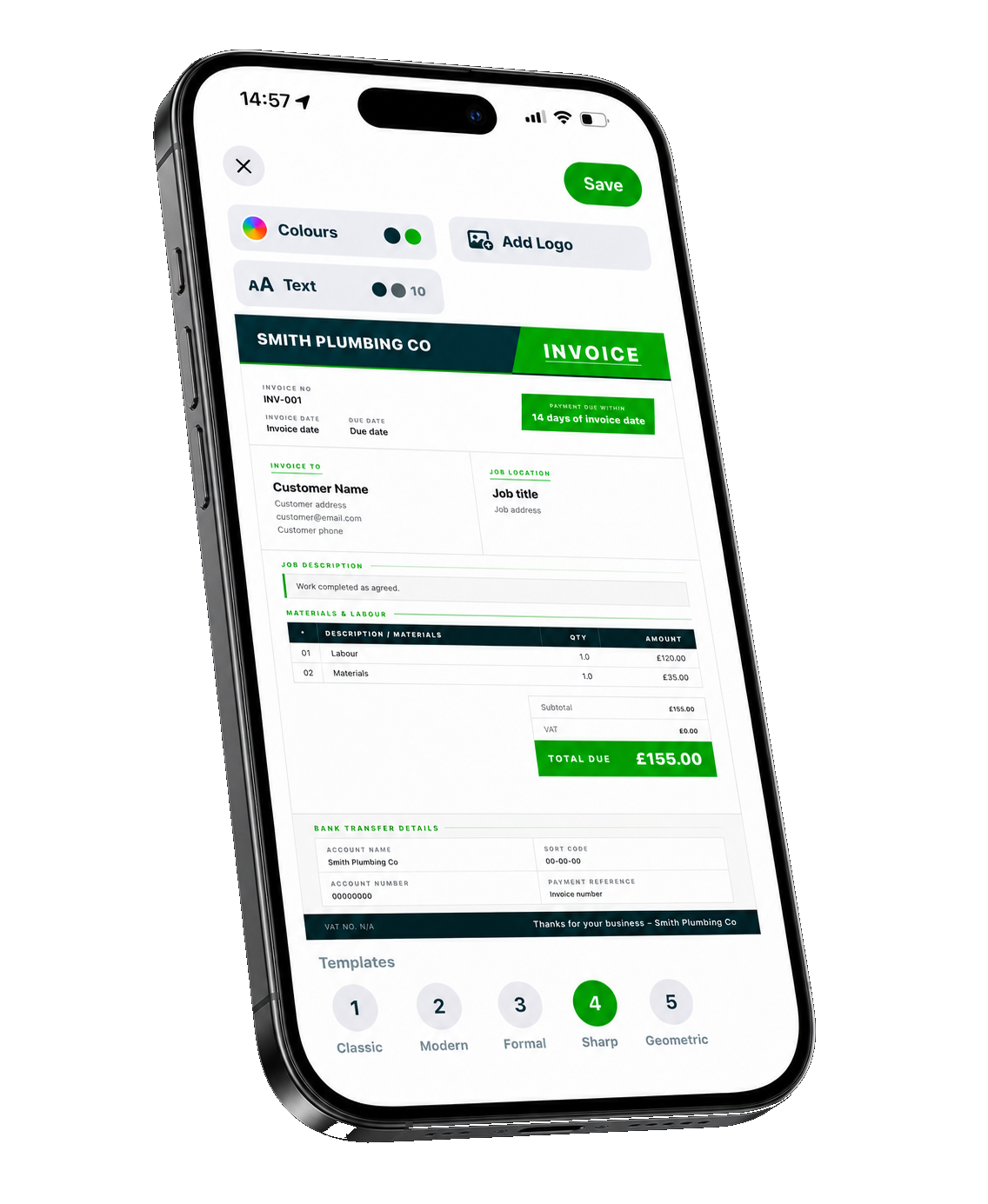Tenner invoice design screen shown on an iPhone
